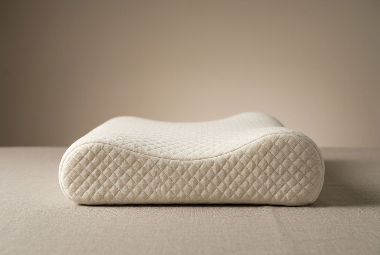 Close side profile of a contoured pillow showing the central dip between two raised edges