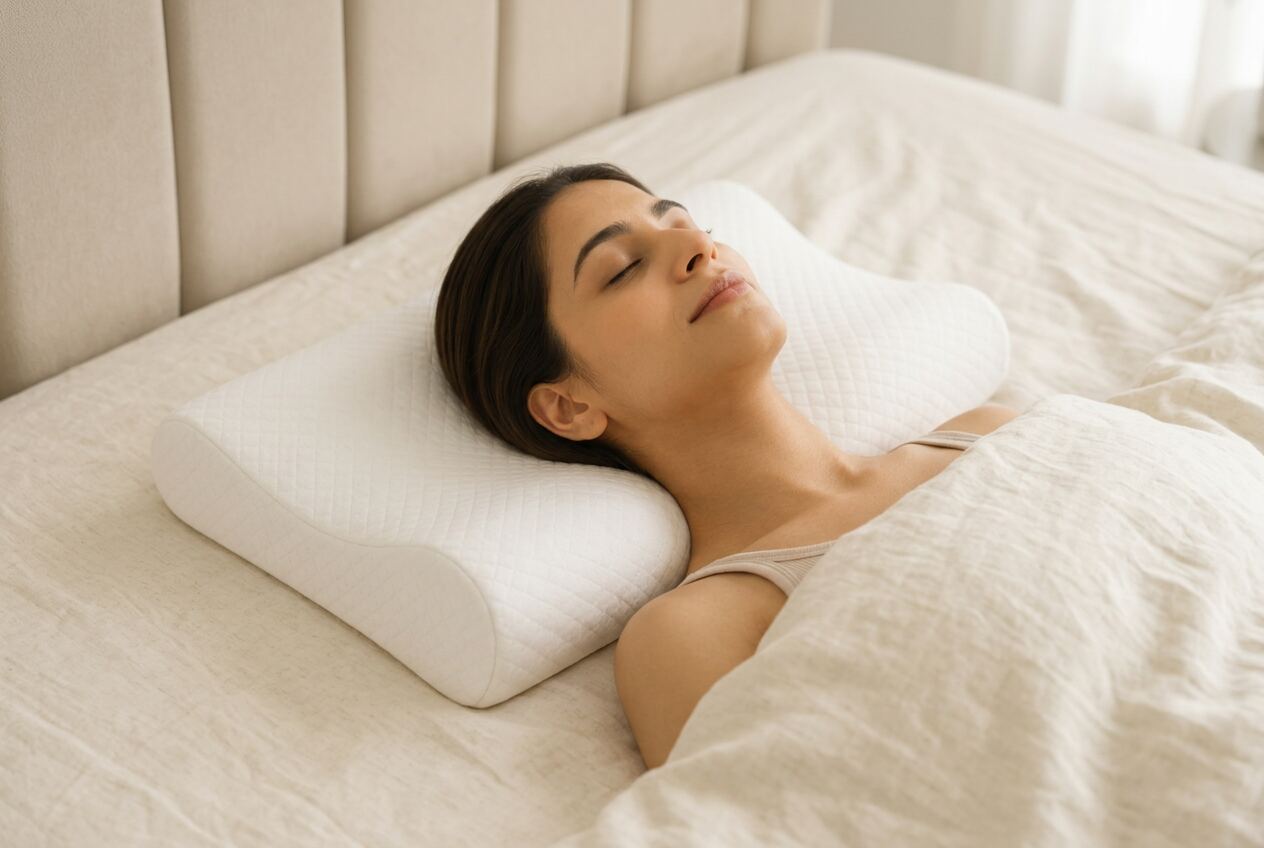 Closer view of the same position, with the lower raised edge of the pillow filling the curve of the neck
