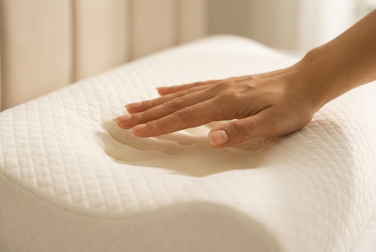 A hand pressing into the quilted cover of a memory foam pillow, the surface slowly compressing