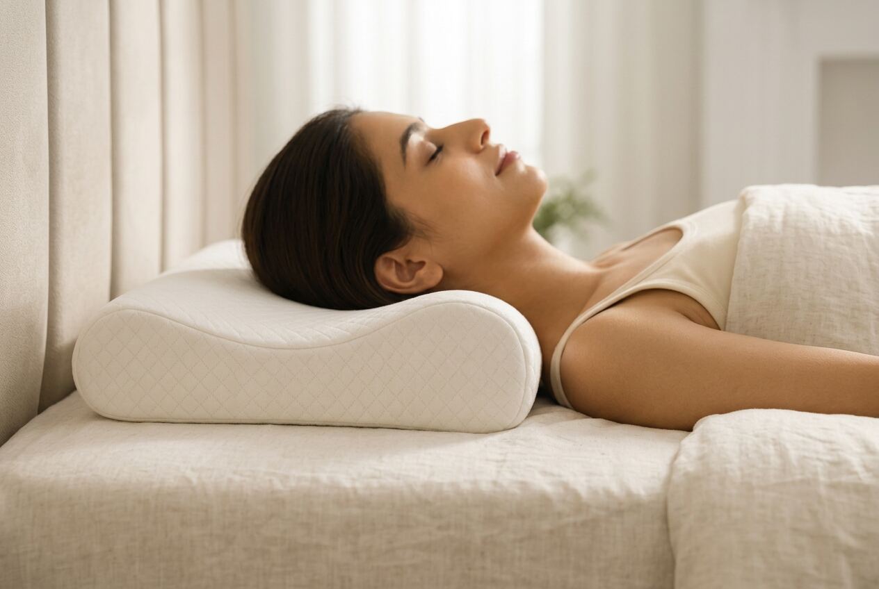 Side view of a sleeper's head and neck on a contoured pillow, head and spine held in one line