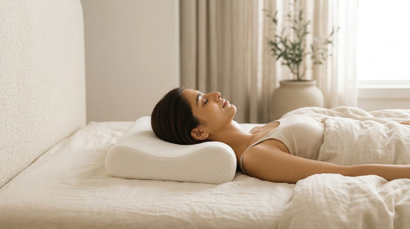 A woman asleep on a contoured memory foam pillow, her neck resting in the raised lower edge