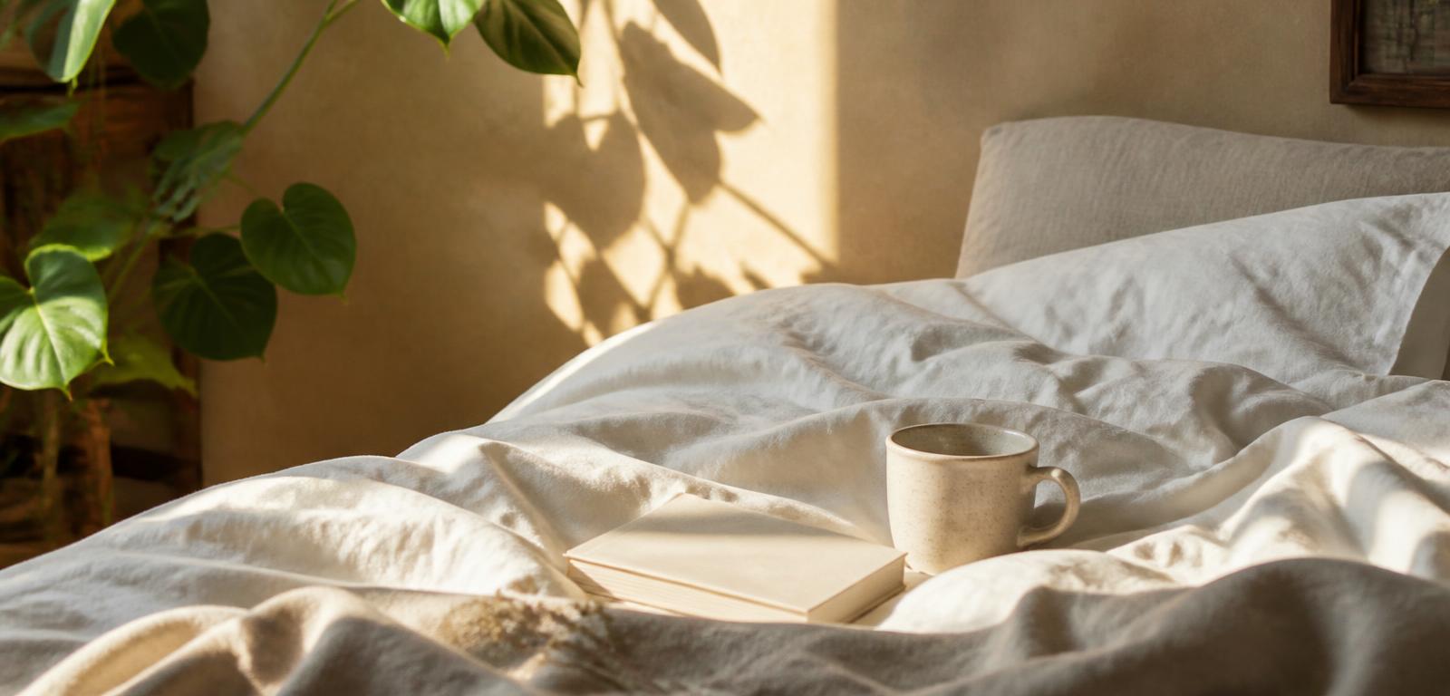 Calm bedroom with warm light and bedding