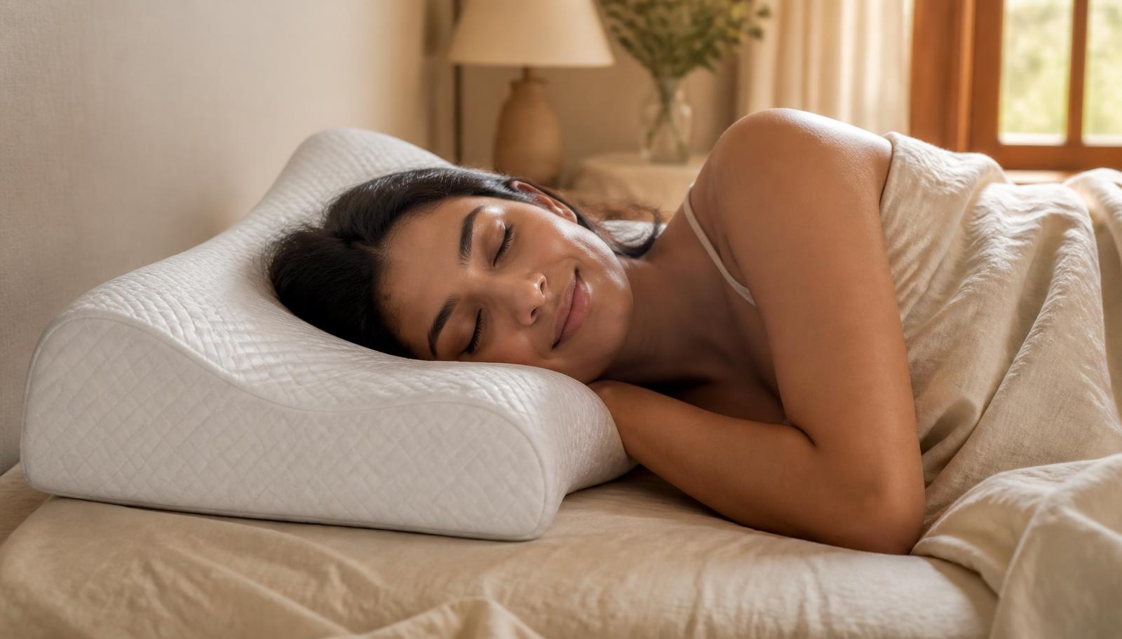 Calm bedroom with a Nidra cervical pillow in morning light