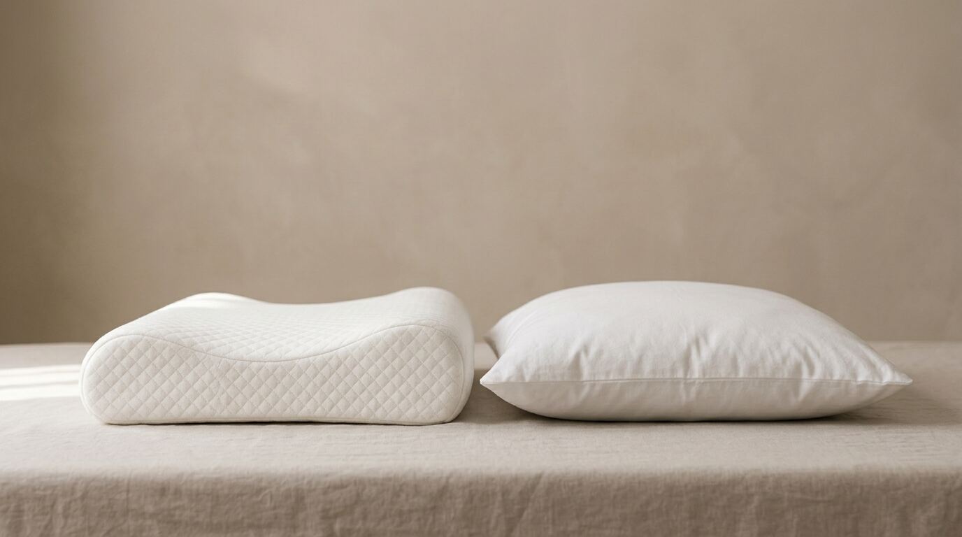 A contoured memory foam pillow beside a conventional flat pillow, photographed from the side