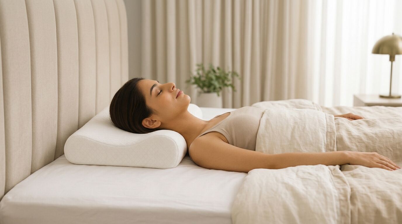 A woman lying on her back with her head settled into the dip of a contoured pillow