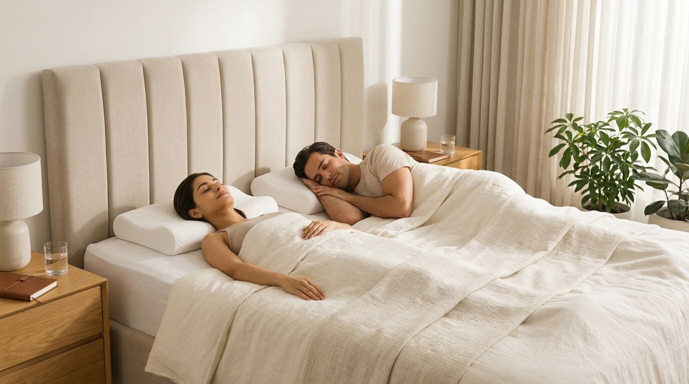 Two people asleep in one bed, one on her back and one on his side, each on a contoured pillow